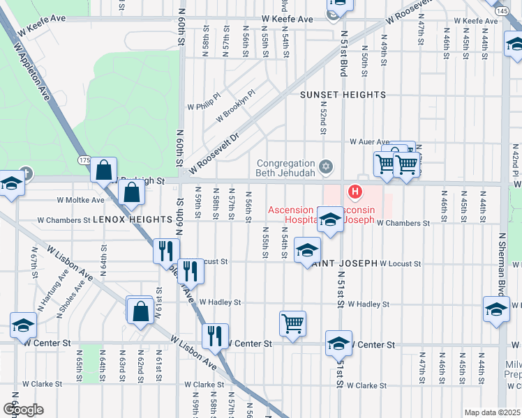 map of restaurants, bars, coffee shops, grocery stores, and more near 3025 North 55th Street in Milwaukee