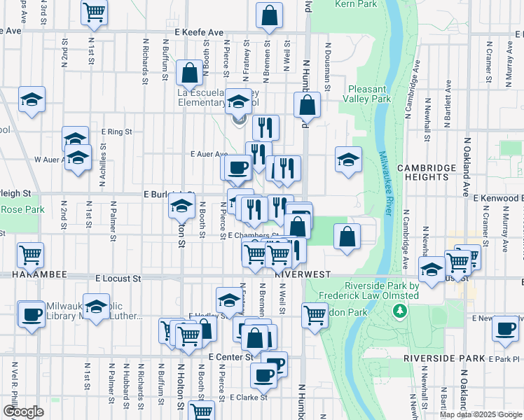 map of restaurants, bars, coffee shops, grocery stores, and more near 3053 North Bremen Street in Milwaukee