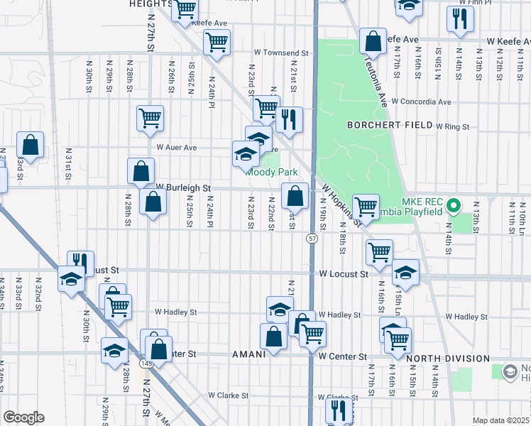 map of restaurants, bars, coffee shops, grocery stores, and more near 3030 North 23rd Street in Milwaukee