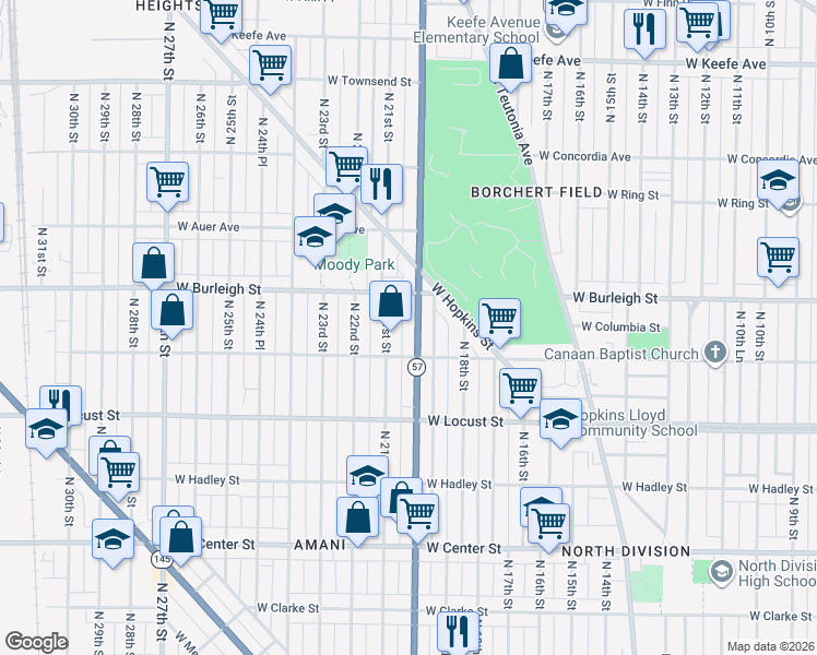 map of restaurants, bars, coffee shops, grocery stores, and more near 3039A North 20th Street in Milwaukee
