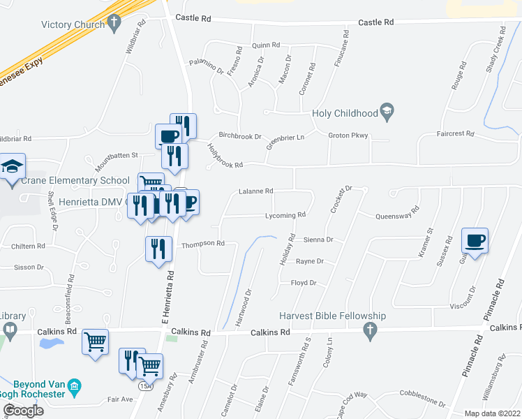 map of restaurants, bars, coffee shops, grocery stores, and more near 277 Lycoming Road in Rochester