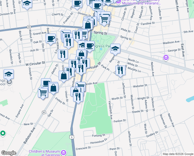 map of restaurants, bars, coffee shops, grocery stores, and more near 73 Regent Street in Saratoga Springs