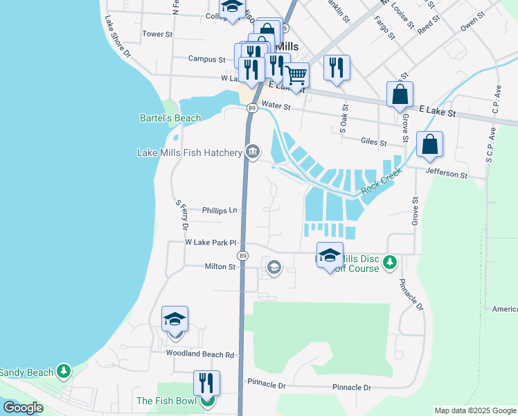 map of restaurants, bars, coffee shops, grocery stores, and more near 106 Bayfield Court in Lake Mills