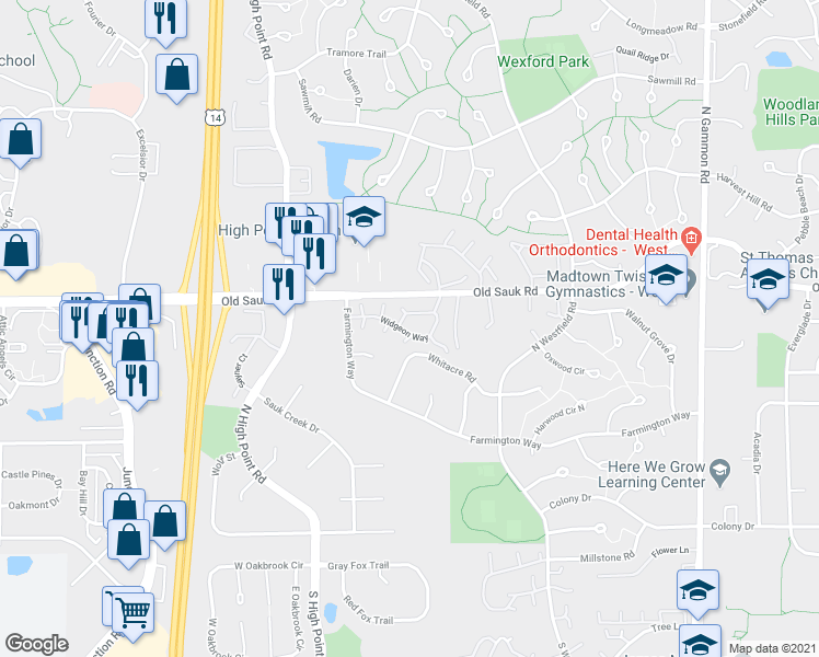 map of restaurants, bars, coffee shops, grocery stores, and more near 7540 Widgeon Way in Madison