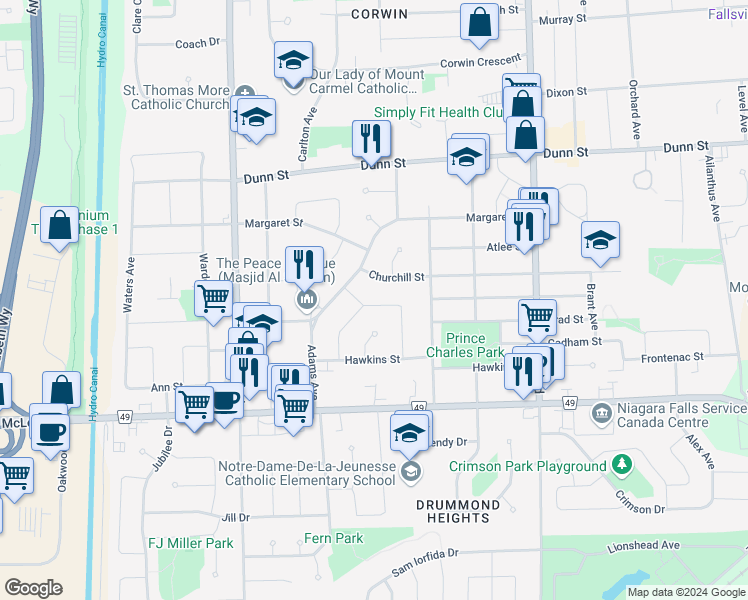 map of restaurants, bars, coffee shops, grocery stores, and more near 6930 Whitman Avenue in Niagara Falls