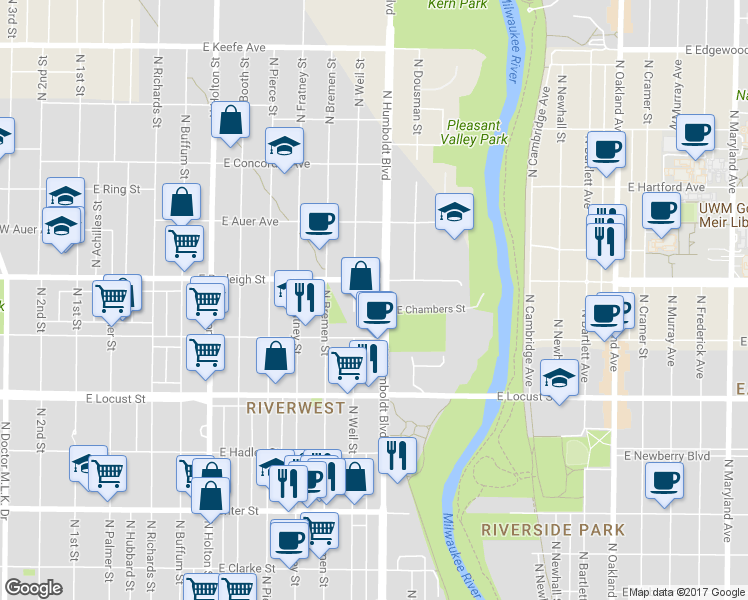 map of restaurants, bars, coffee shops, grocery stores, and more near 3053 North Humboldt Boulevard in Milwaukee