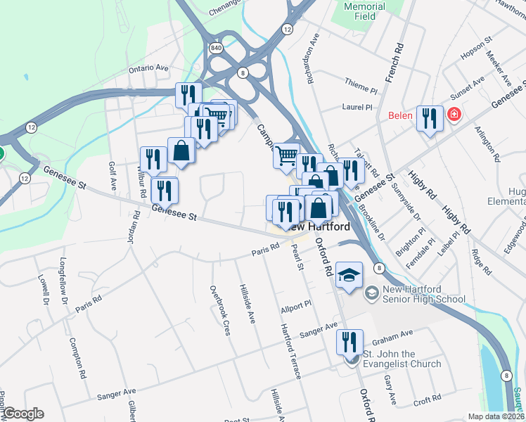 map of restaurants, bars, coffee shops, grocery stores, and more near 4 Woodland Rd in New Hartford