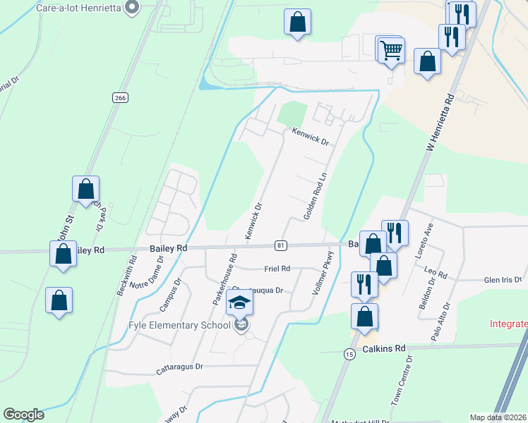 map of restaurants, bars, coffee shops, grocery stores, and more near 50 Kenwick Dr in Rochester