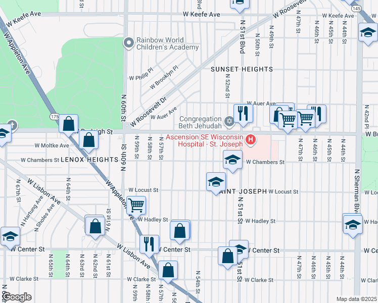 map of restaurants, bars, coffee shops, grocery stores, and more near 3025 North 55th Street in Milwaukee