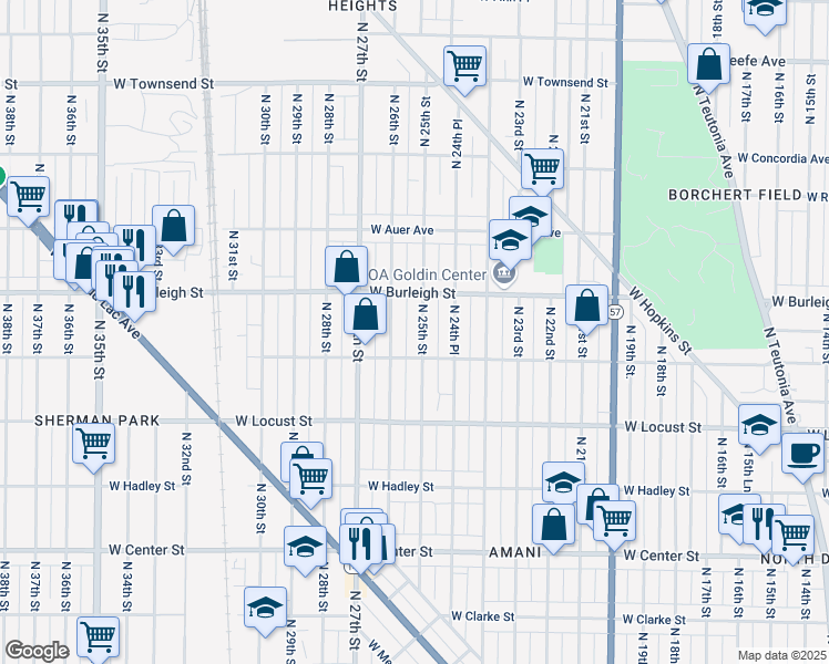 map of restaurants, bars, coffee shops, grocery stores, and more near 3031 North 25th Street in Milwaukee