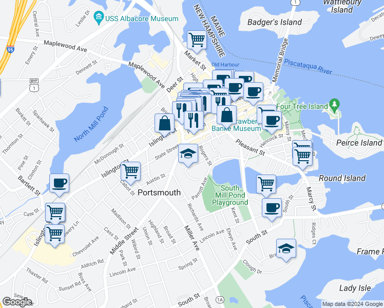 map of restaurants, bars, coffee shops, grocery stores, and more near 28 Mark Street in Portsmouth