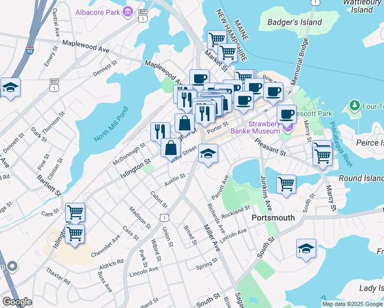 map of restaurants, bars, coffee shops, grocery stores, and more near 134 Middle Street in Portsmouth
