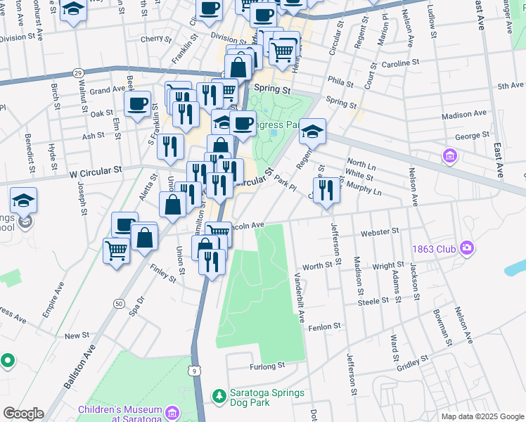 map of restaurants, bars, coffee shops, grocery stores, and more near 73 Regent Street in Saratoga Springs