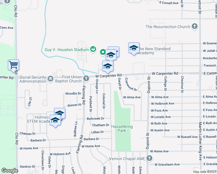 map of restaurants, bars, coffee shops, grocery stores, and more near 6906 Sally Court in Flint