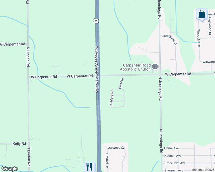 map of restaurants, bars, coffee shops, grocery stores, and more near 89 Ashford Drive in Flint