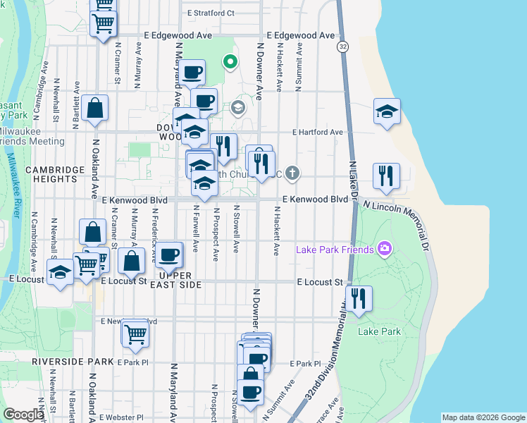 map of restaurants, bars, coffee shops, grocery stores, and more near 3054 North Downer Avenue in Milwaukee