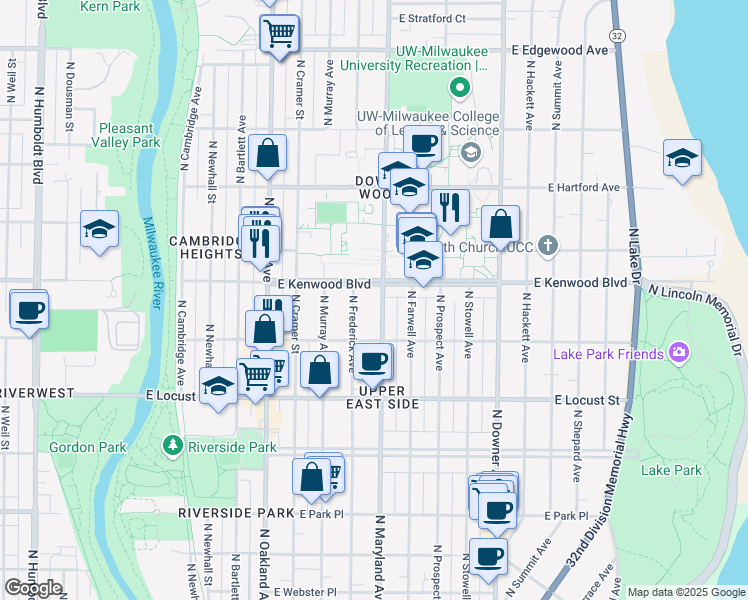 map of restaurants, bars, coffee shops, grocery stores, and more near 3051 North Maryland Avenue in Milwaukee
