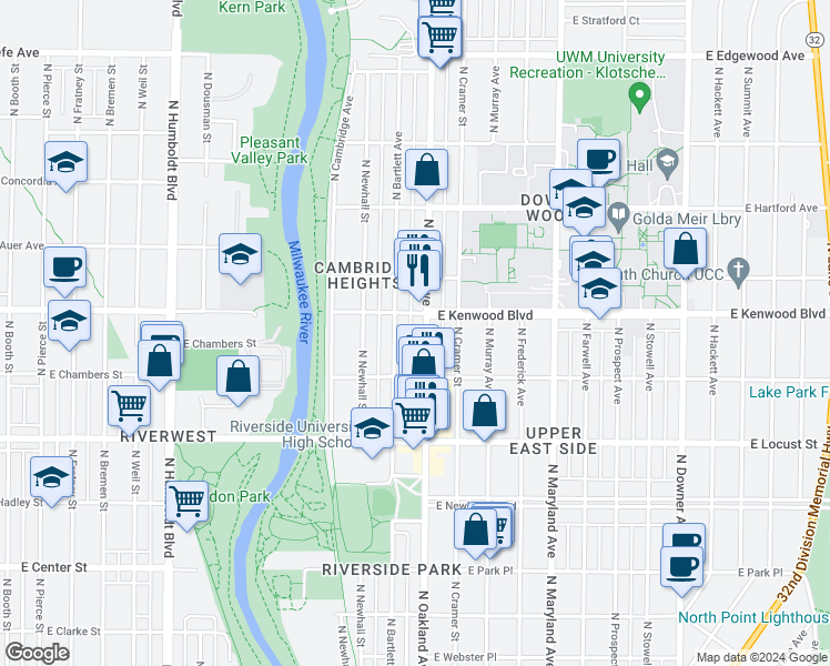 map of restaurants, bars, coffee shops, grocery stores, and more near 3049 North Oakland Avenue in Milwaukee