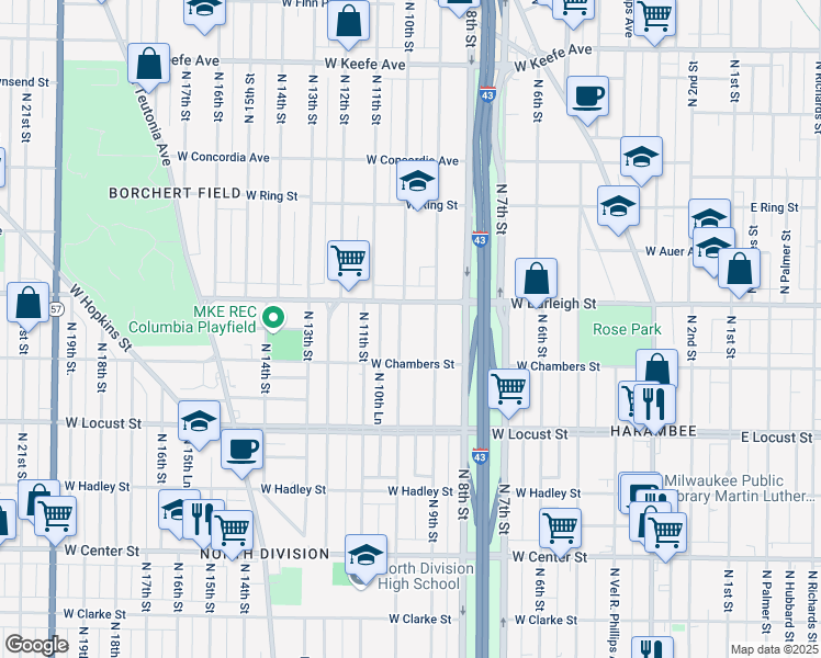 map of restaurants, bars, coffee shops, grocery stores, and more near 3041 North 10th Street in Milwaukee
