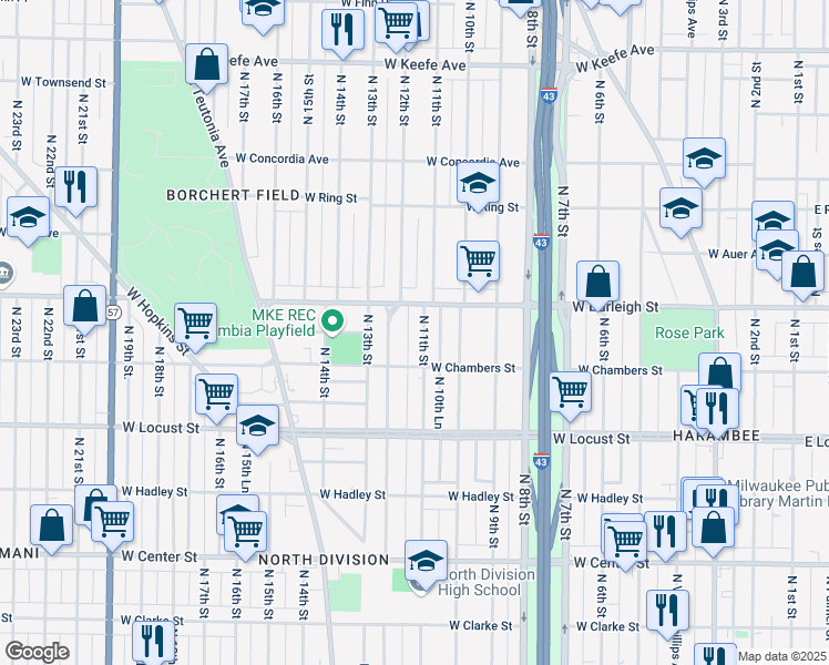 map of restaurants, bars, coffee shops, grocery stores, and more near 3037 North 11th Street in Milwaukee