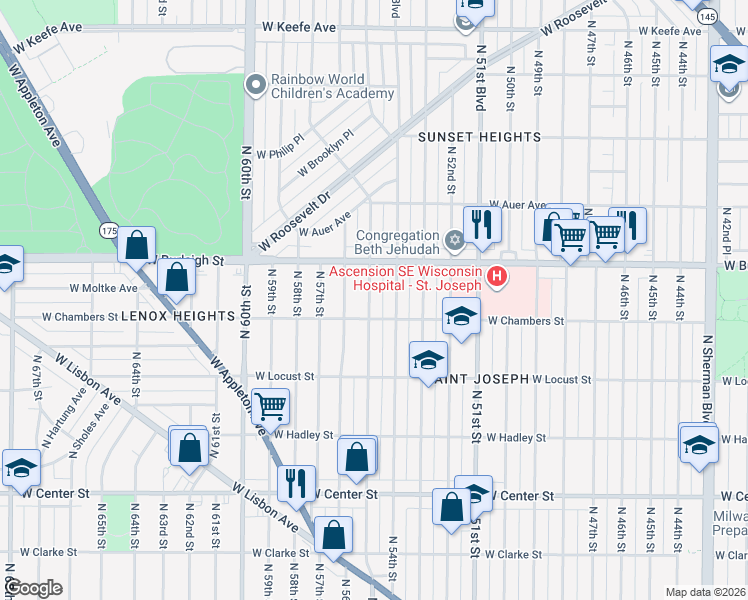 map of restaurants, bars, coffee shops, grocery stores, and more near 3025 North 55th Street in Milwaukee