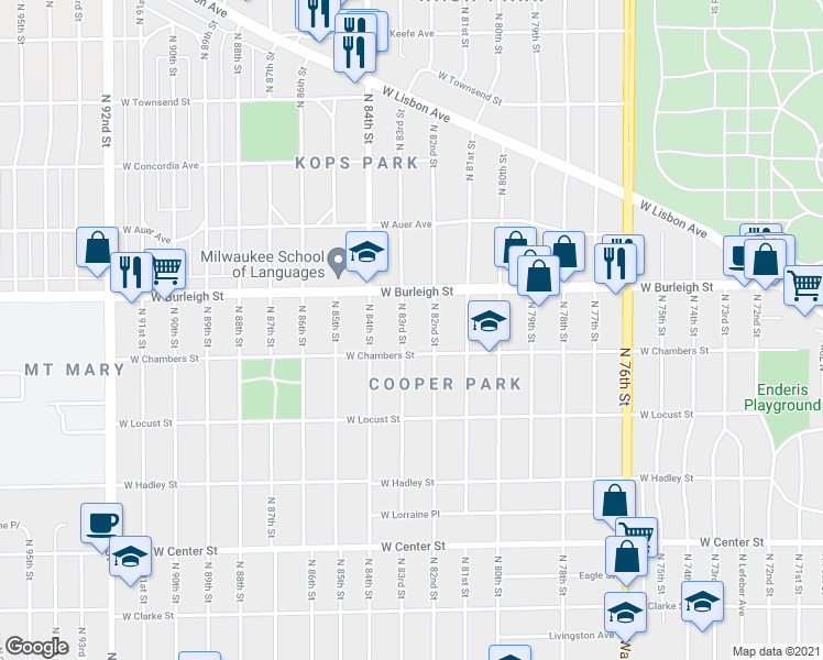 map of restaurants, bars, coffee shops, grocery stores, and more near 3031 North 82nd Street in Milwaukee