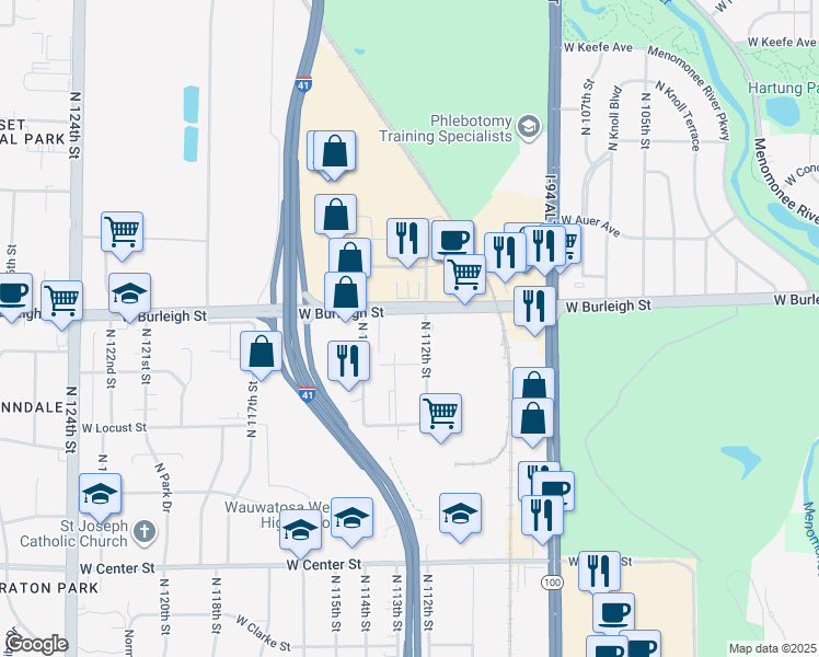 map of restaurants, bars, coffee shops, grocery stores, and more near 11221 West Burleigh Street in Wauwatosa