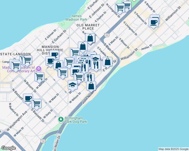 map of restaurants, bars, coffee shops, grocery stores, and more near 111 King Street in Madison