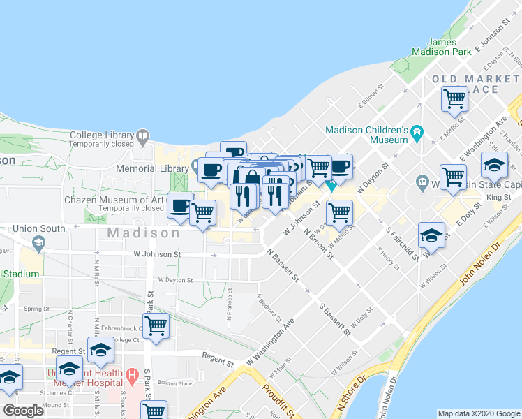 map of restaurants, bars, coffee shops, grocery stores, and more near 432 West Gorham Street in Madison