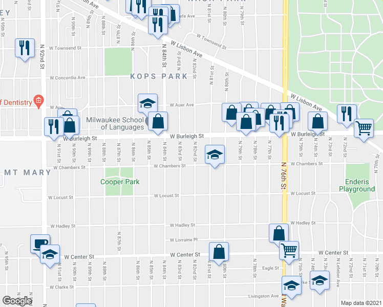 map of restaurants, bars, coffee shops, grocery stores, and more near 3031 North 82nd Street in Milwaukee