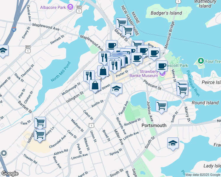 map of restaurants, bars, coffee shops, grocery stores, and more near 132 Middle Street in Portsmouth