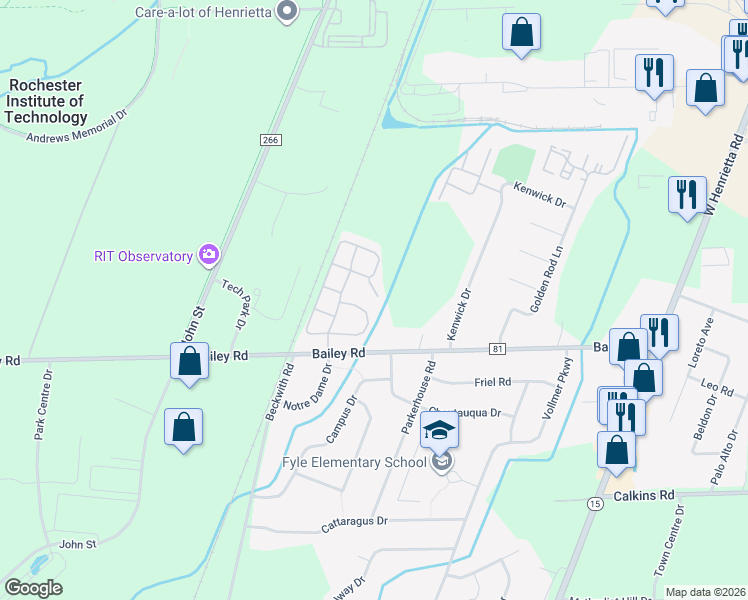 map of restaurants, bars, coffee shops, grocery stores, and more near 23 White Knight Lane in Rochester