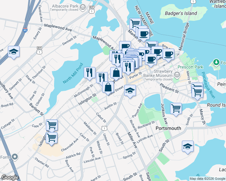 map of restaurants, bars, coffee shops, grocery stores, and more near 579 State Street in Portsmouth