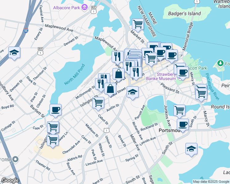 map of restaurants, bars, coffee shops, grocery stores, and more near 579 State Street in Portsmouth