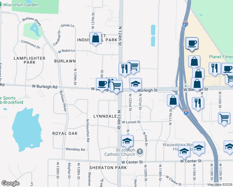 map of restaurants, bars, coffee shops, grocery stores, and more near 3030C North 124th Street in Wauwatosa
