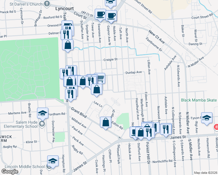 map of restaurants, bars, coffee shops, grocery stores, and more near 111 Woods Avenue South in Syracuse