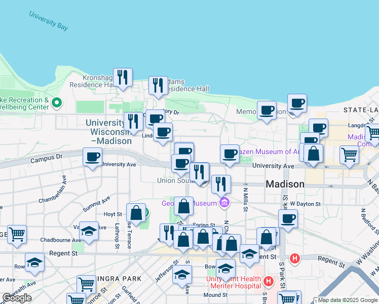 map of restaurants, bars, coffee shops, grocery stores, and more near 1390 University Avenue in Madison