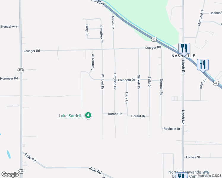map of restaurants, bars, coffee shops, grocery stores, and more near 7264 Graydon Drive in North Tonawanda