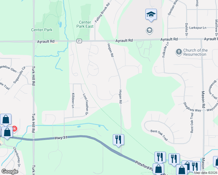 map of restaurants, bars, coffee shops, grocery stores, and more near 12 Hampton Cir in Fairport