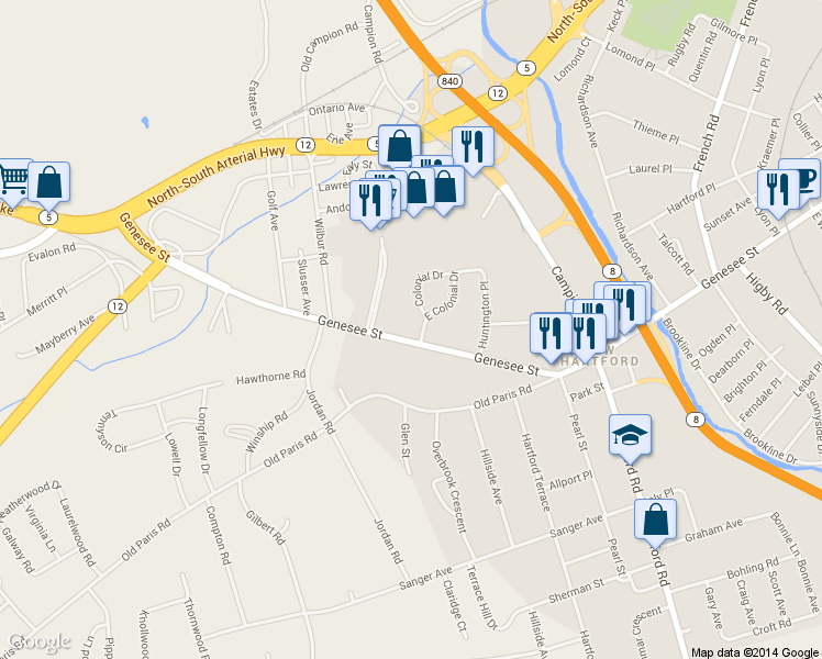 map of restaurants, bars, coffee shops, grocery stores, and more near 114 Genesee St in New Hartford