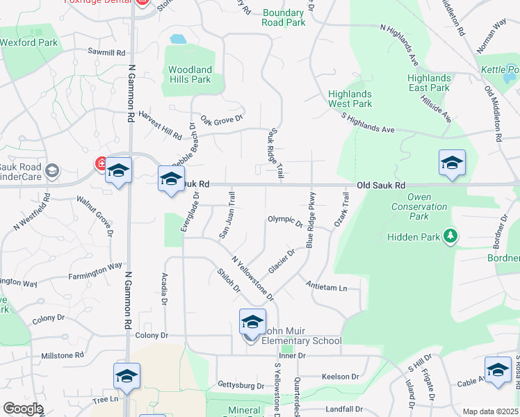 map of restaurants, bars, coffee shops, grocery stores, and more near 506 Yosemite Place in Madison