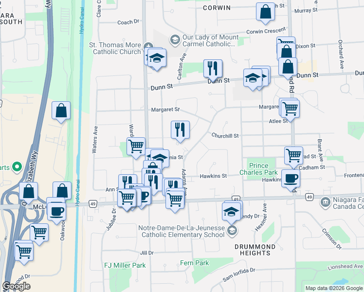 map of restaurants, bars, coffee shops, grocery stores, and more near 6980 Concord Crescent in Niagara Falls