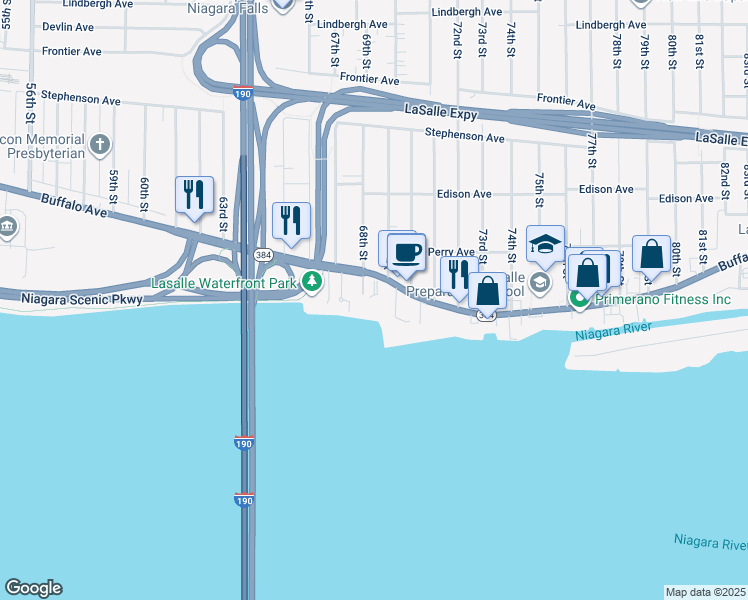 map of restaurants, bars, coffee shops, grocery stores, and more near 6807 Buffalo Avenue in Niagara Falls