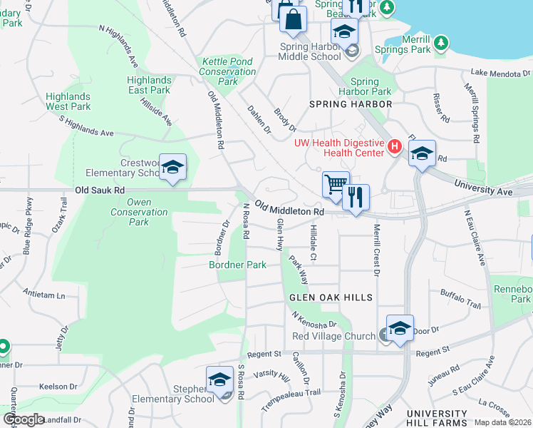 map of restaurants, bars, coffee shops, grocery stores, and more near 606 Glen Highway in Madison