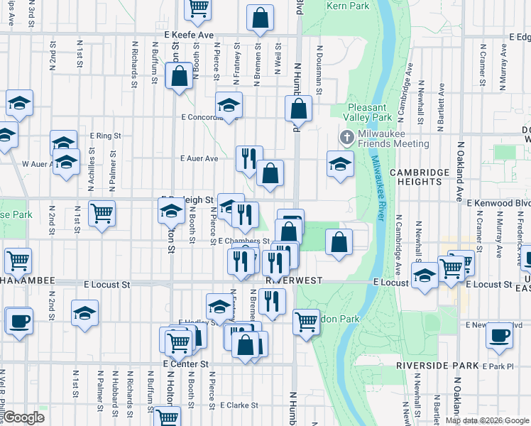 map of restaurants, bars, coffee shops, grocery stores, and more near 3059 North Weil Street in Milwaukee