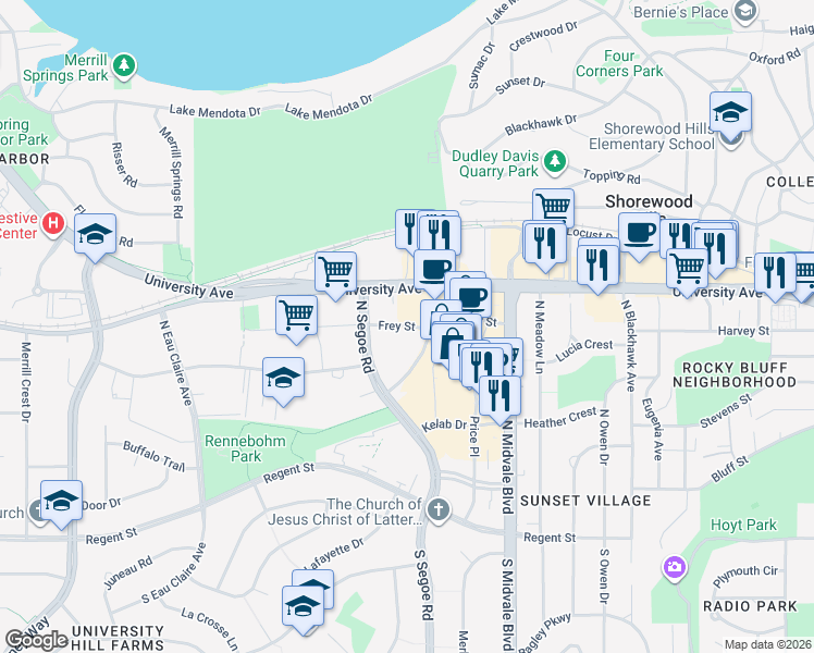 map of restaurants, bars, coffee shops, grocery stores, and more near 4600 Frey Street in Madison