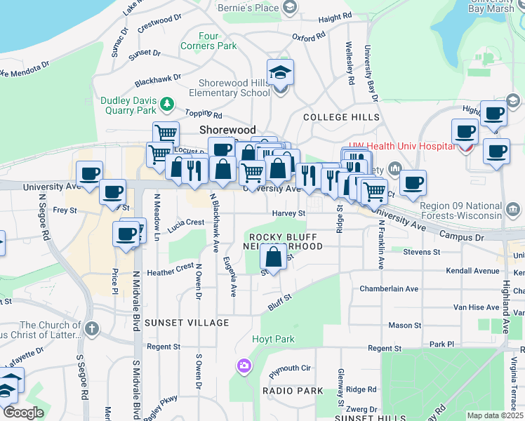 map of restaurants, bars, coffee shops, grocery stores, and more near 3302 Harvey Street in Madison