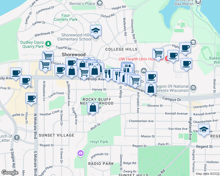 map of restaurants, bars, coffee shops, grocery stores, and more near 2924 Harvey Street in Madison