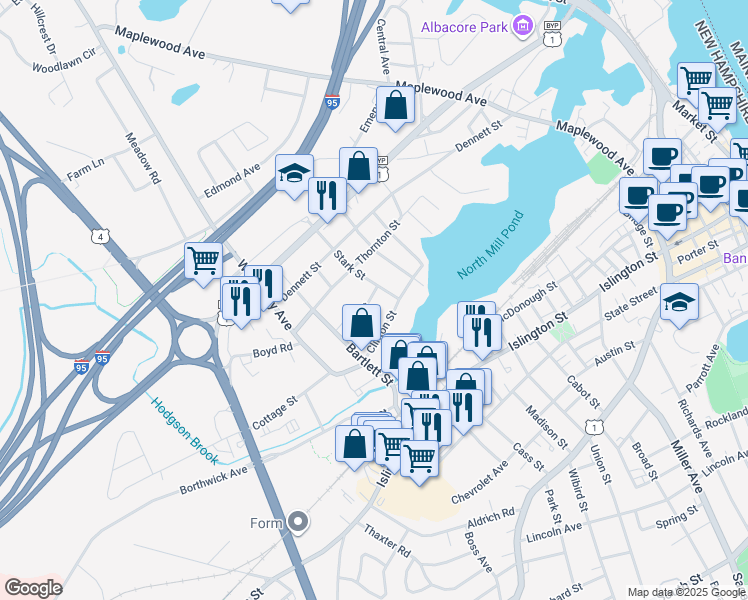 map of restaurants, bars, coffee shops, grocery stores, and more near 30 Pine Street in Portsmouth