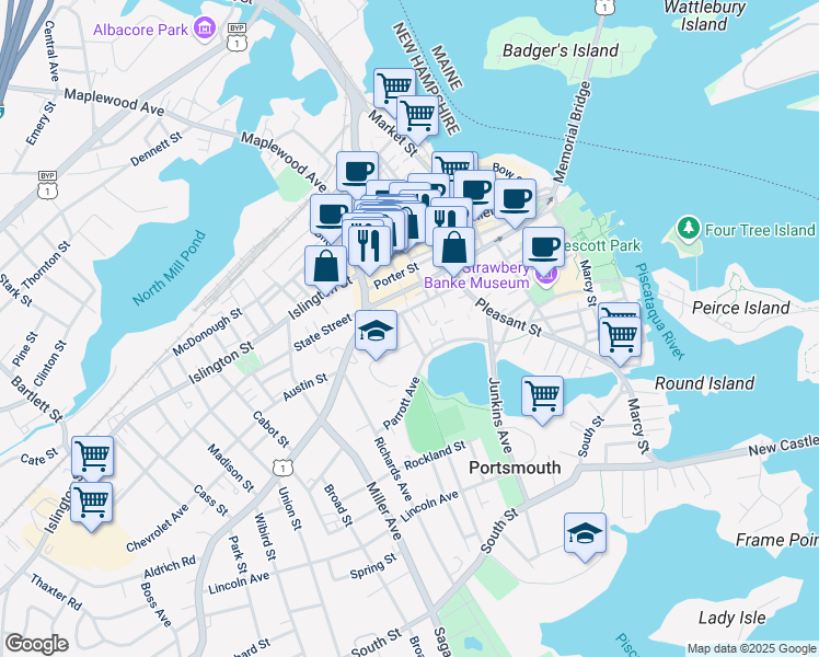 map of restaurants, bars, coffee shops, grocery stores, and more near 33 Rogers Street in Portsmouth
